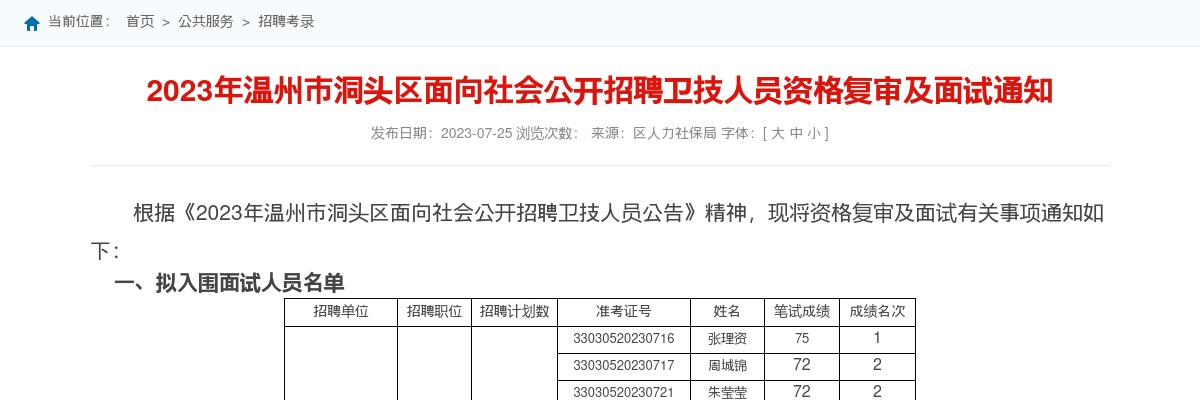 2023温州医疗卫生招聘信息-温州洞头区医疗卫生招聘入围面试名单及资格复审通知 图片